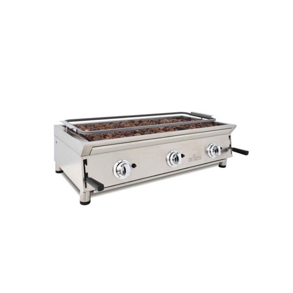 Barbacoa a gas de piedra volcánica con parrilla inoxidable pavonada regulable 100BAR ARILEX Barbacoa a gas de piedra volcánica con parrilla inoxidable pavonada regulable 100BAR ARILEX