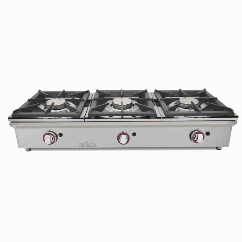 Cocina a gas sobremostrador ARILEX de 3 fuegos de 5,8 + 5,8 + 5,8 Kw 120CGN Cocina a gas sobremostrador ARILEX de 3 fuegos de 5,8 + 5,8 + 5,8 Kw 120CGN