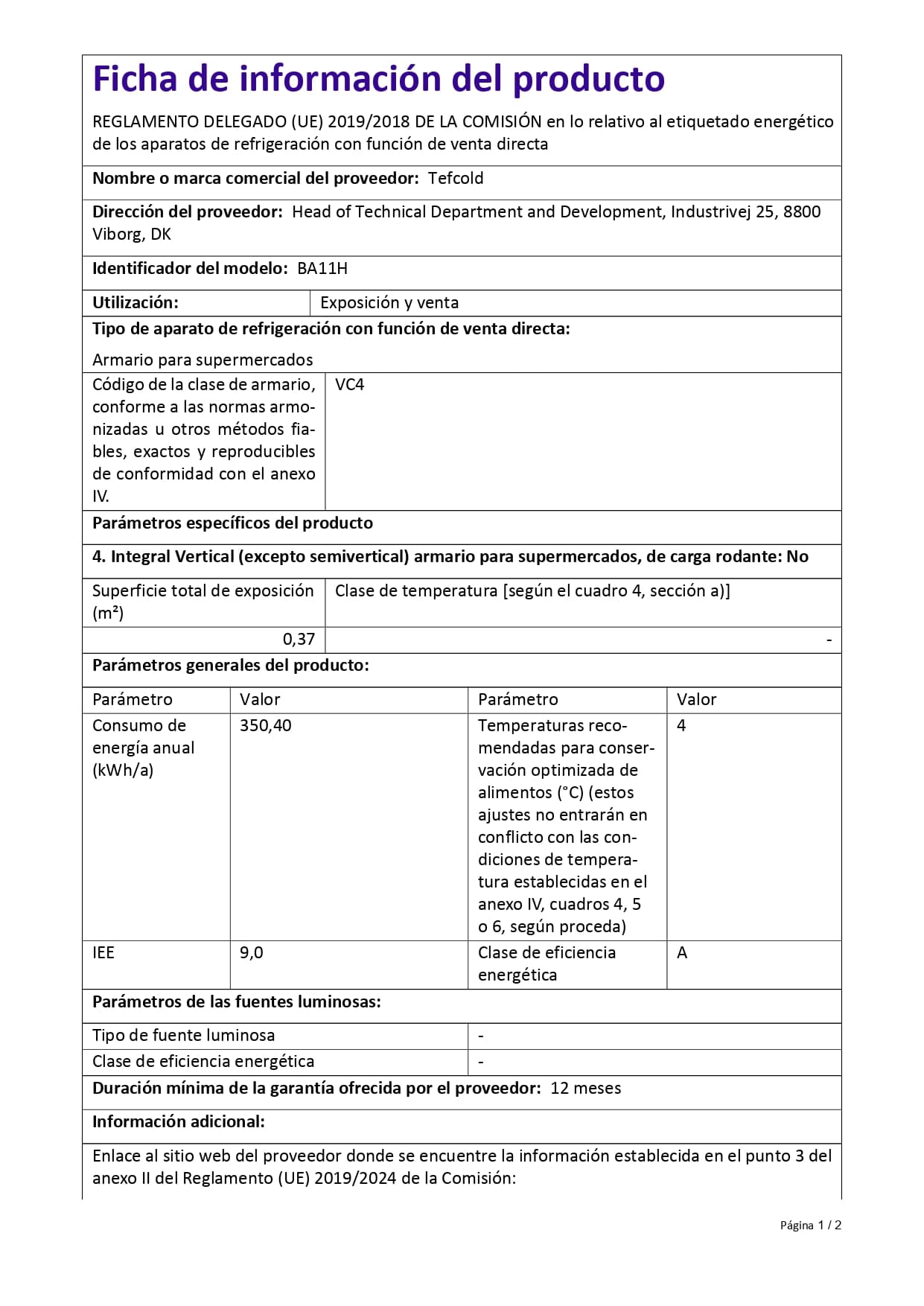 Armario Expositor BA11H 128 Litros 600x520x900 TEFCOLD