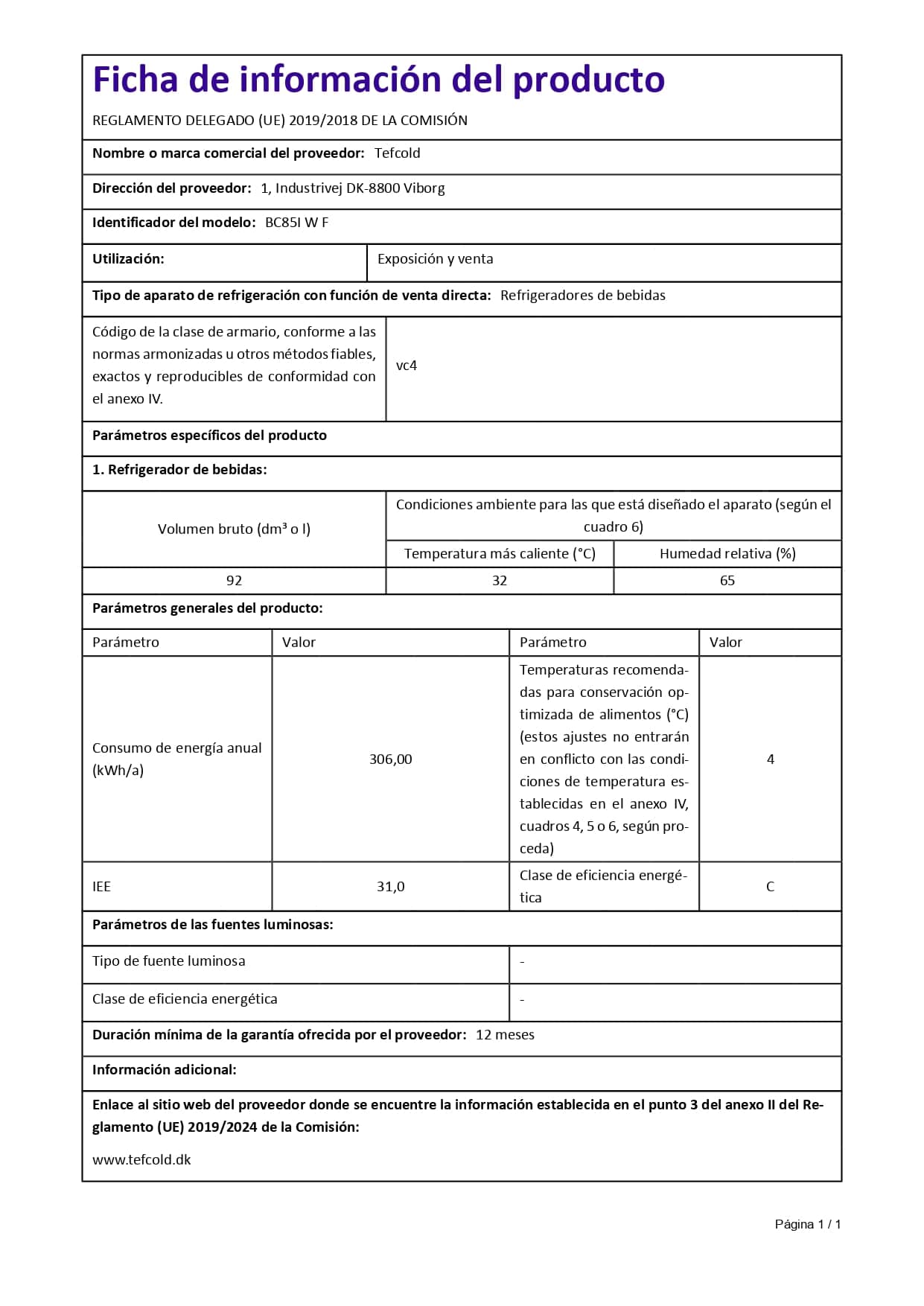 Armario Expositor BC85 92 Litros 503x567x775 TEFCOLD
