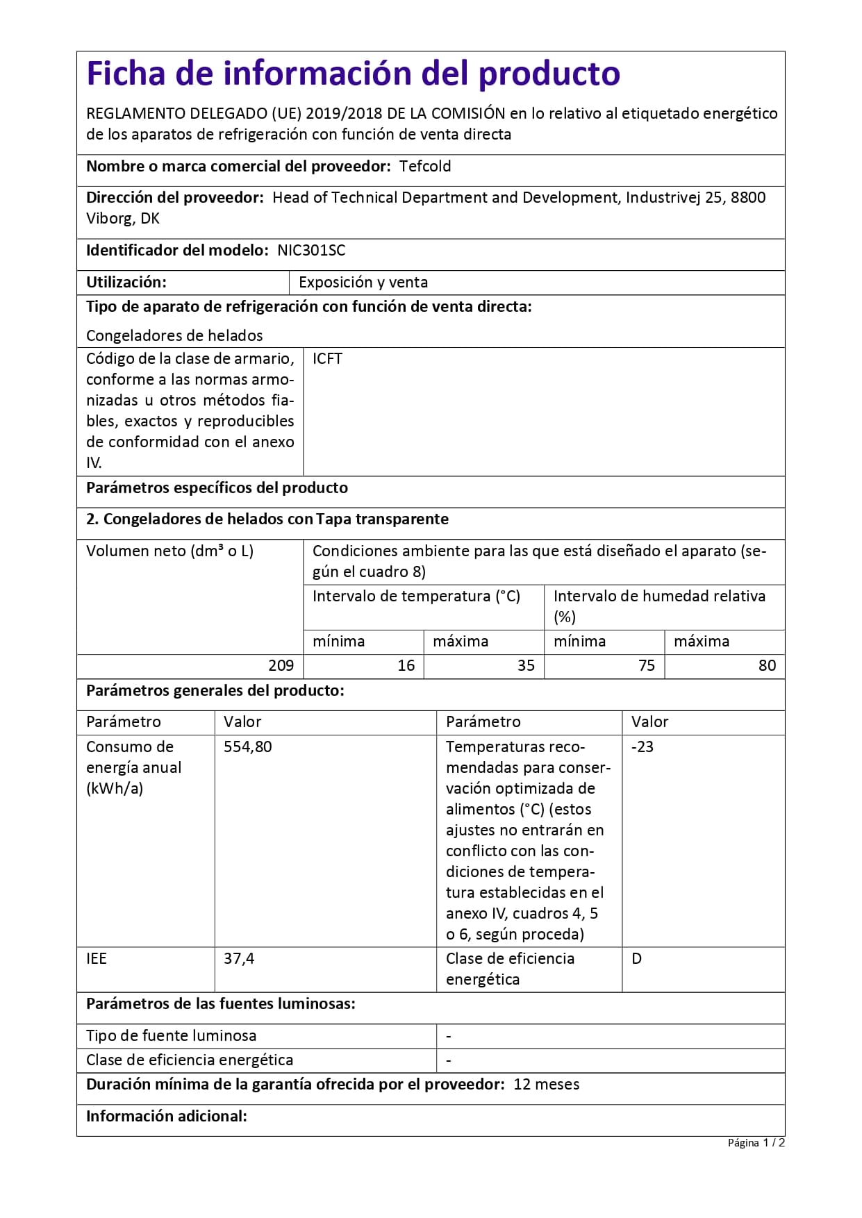 Arcón Congelador para Helados 288 Litros 1030x650x885 NIC301SC TEFCOLD