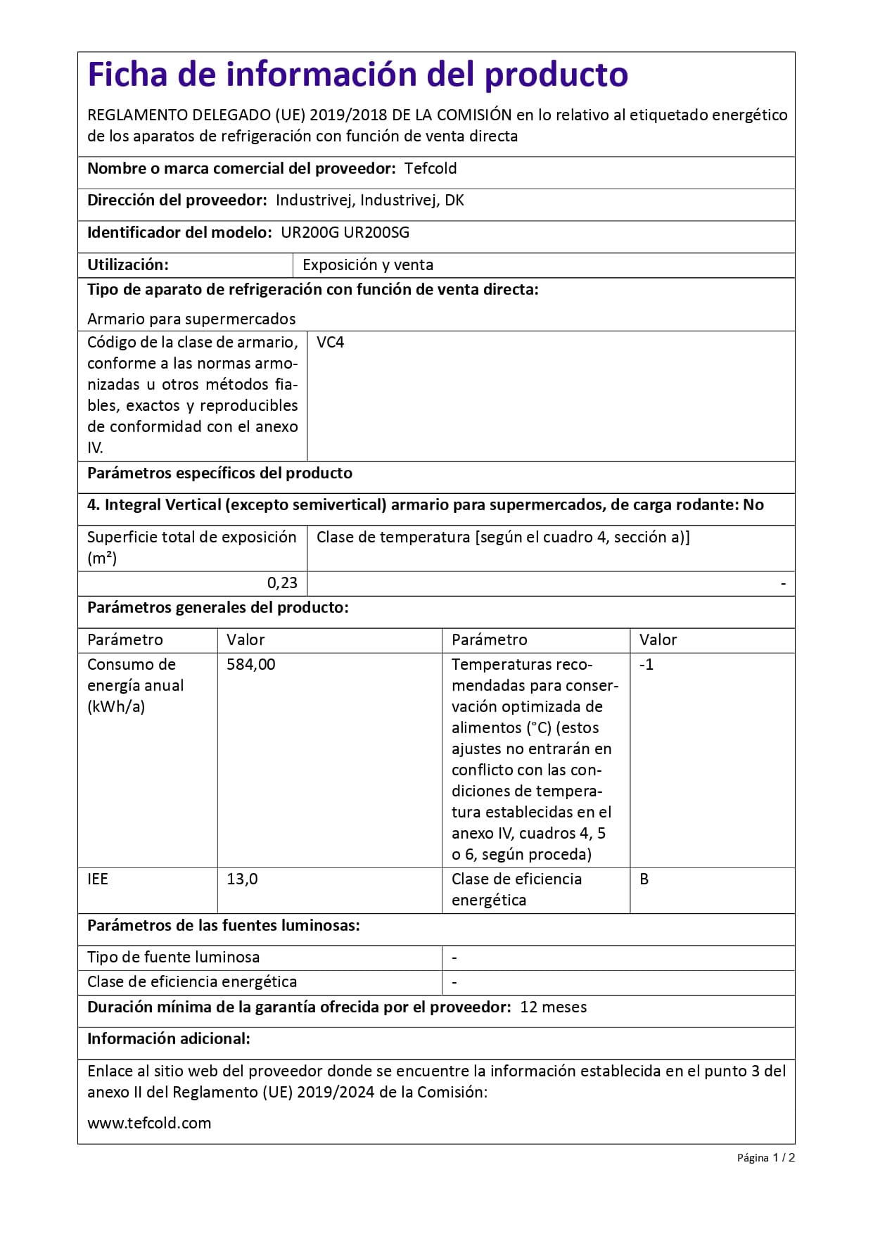 Armario Expositor UR200G 136 Litros 600x585x855 TEFCOLD