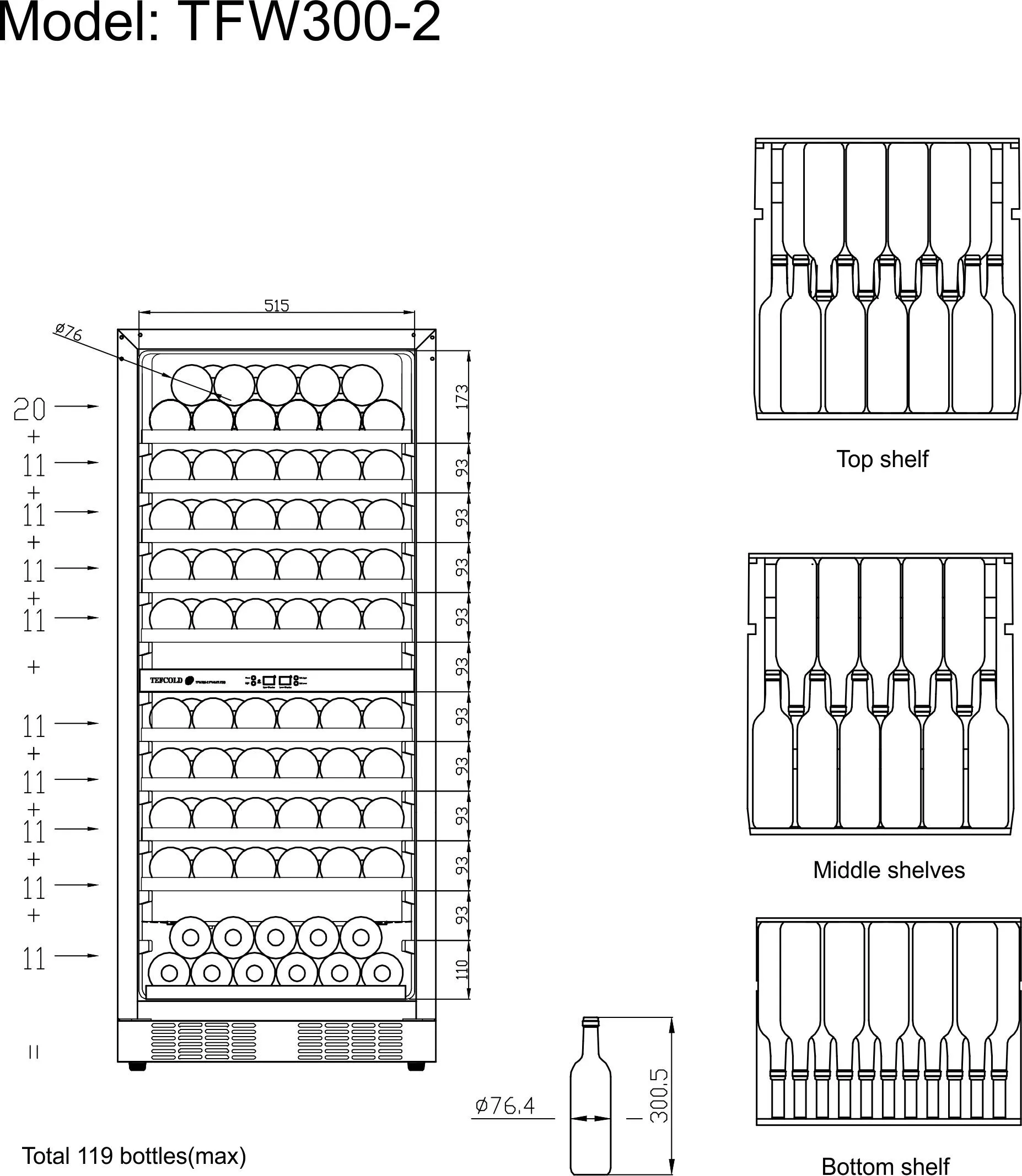 Vitrina Expositora de Vino TFW300-2F 250 Litros 595x680x1390 TEFCOLD