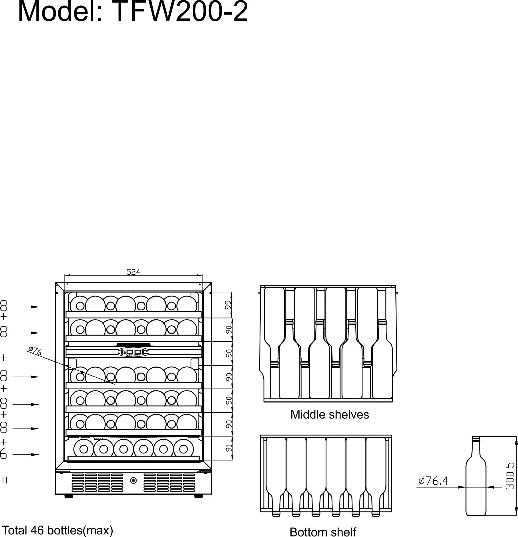 Armario Expositor de Vino TFW200-2F 141 Litros 595 x 570 x 820 TEFCOLD