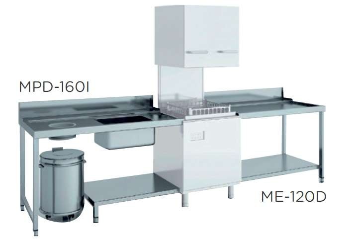 Mesa de prelavado entrada izquierda dim.1600x750x850h con estante con aro desbarazado mm MPD-160I Mesa de prelavado entrada izquierda dim.1600x750x850h con estante con aro desbarazado mm MPD-160I