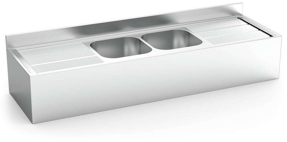 Fregadero inox colgante con faldón serie 700 2 cubetas 2 escurridores Fregadero inox colgante con faldón serie 700 2 cubetas 2 escurridores