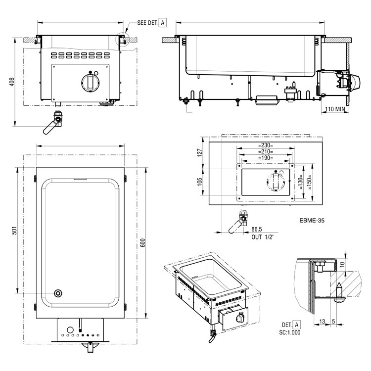 Baño maría encastrable Edenox EBME-35 para GN 1/1 de 150 mm, 1,3 kW