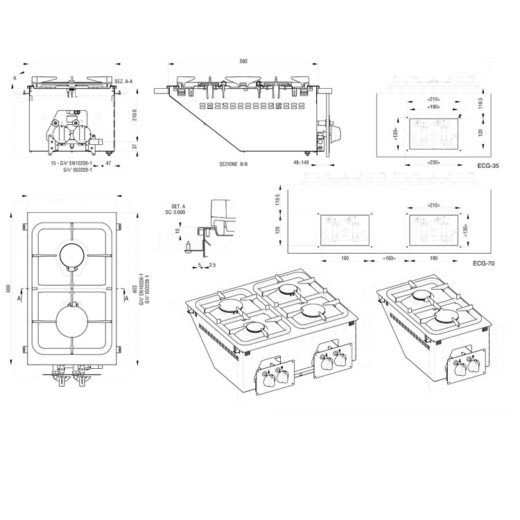 Cocina a gas encastrable Edenox ECG de 2 o 4 quemadores en hierro fundido, 350 o 700 mm