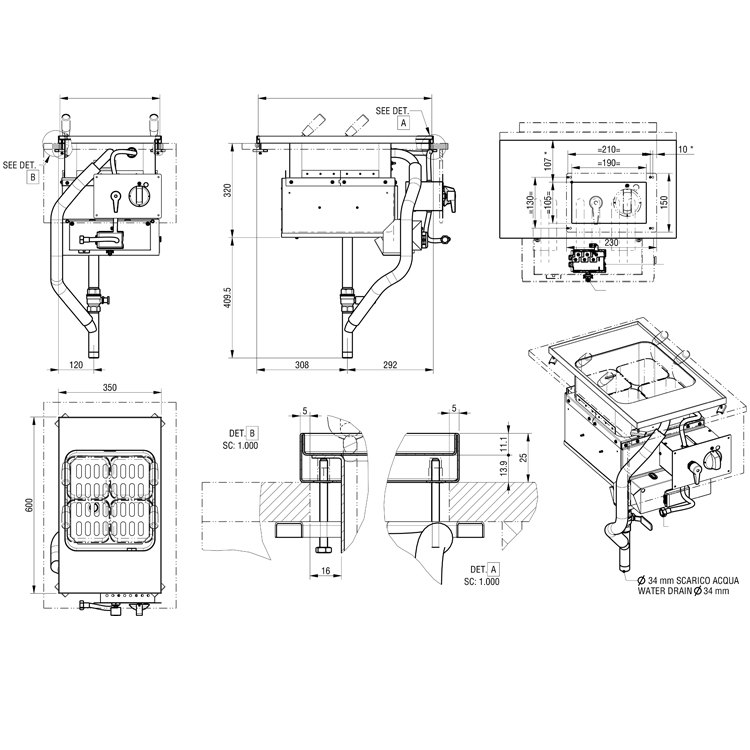 Cuece pastas encastrable Edenox ECPE-35 de 23 litros o ECPI-40 de inducción de 15 litros