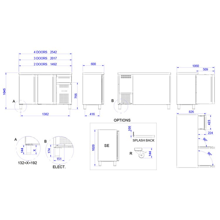 Frente mostrador refrigerado Edenox FMPS de 2, 3 o 4 puertas, 1045 mm de alto, con cajón Frente mostrador refrigerado Edenox FMPS de 2, 3 o 4 puertas, 1045 mm de alto, con cajón