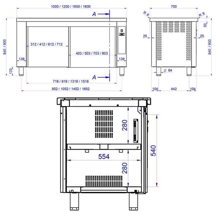 Mesa caliente pasante Edenox MCPP-CA, acceso por los dos lados, de 1000 a 1800 mm