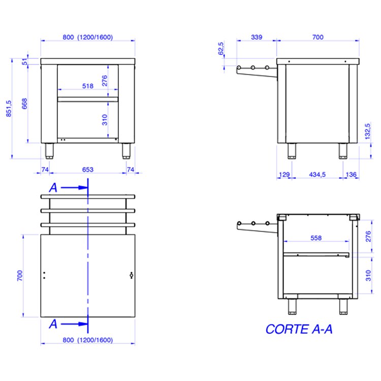 Mesa neutra para self-service Edenox SSMN, de 800 a 1600 mm, abierta o con puertas