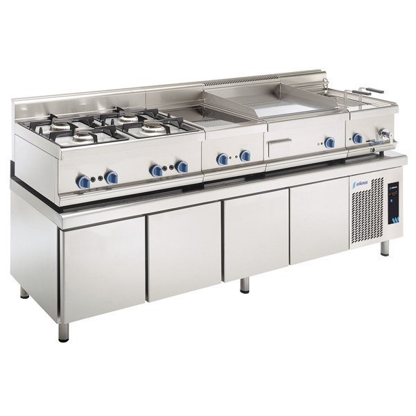 Mesa refrigerada baja Edenox MPGB de 584 mm de altura con cajones, soporte para cocción Mesa refrigerada baja Edenox MPGB de 584 mm de altura con cajones, soporte para cocción