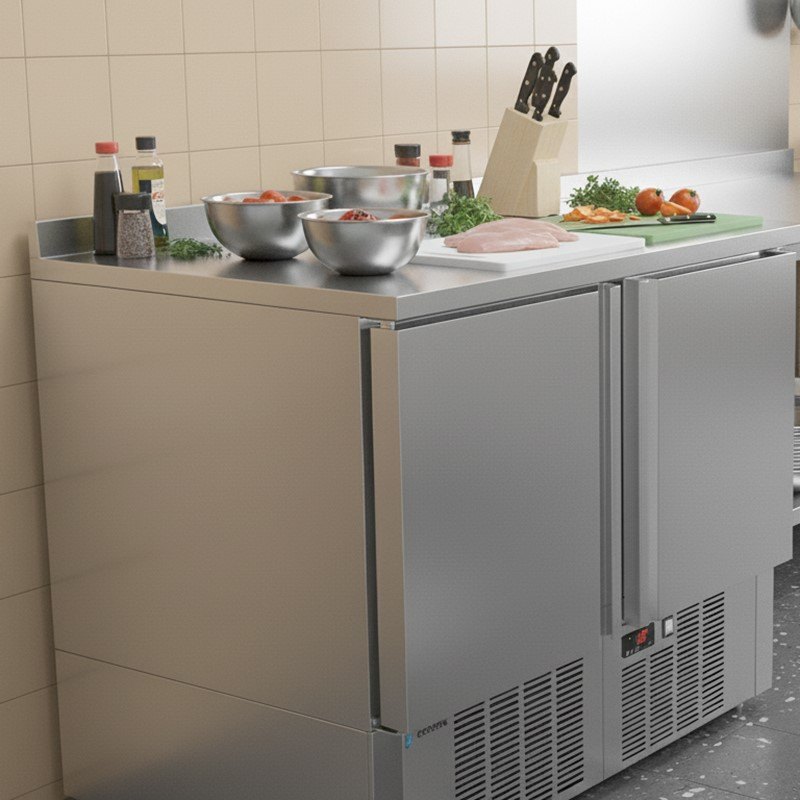 Mesa refrigerada Edenox MPG NS de 894 o 1358 mm, encimera sin peto y frontal integrable Mesa refrigerada Edenox MPG NS de 894 o 1358 mm, encimera sin peto y frontal integrable