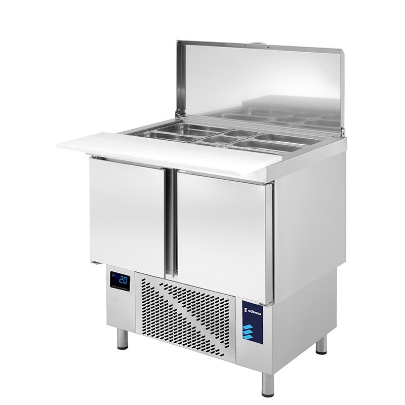 Mesa refrigerada compacta para pizza y ensalada Edenox de 90 cm, con cubetas GN