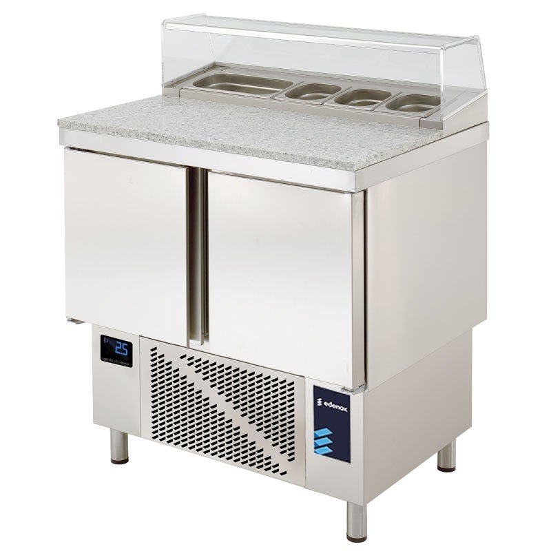 Mesa refrigerada compacta para pizza y ensalada Edenox de 90 cm, con cubetas GN Mesa refrigerada compacta para pizza y ensalada Edenox de 90 cm, con cubetas GN