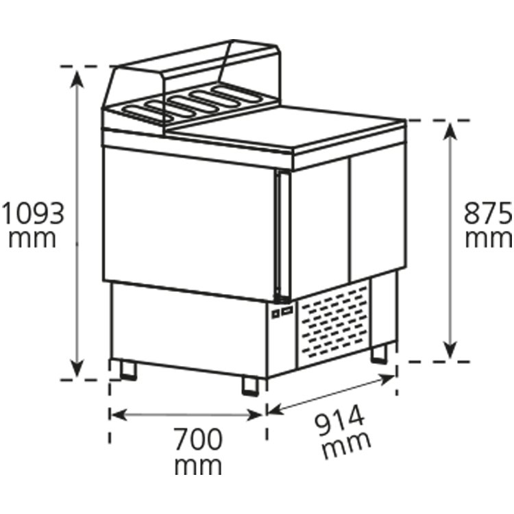Mesa refrigerada compacta para pizza y ensalada Edenox de 90 cm, con cubetas GN Mesa refrigerada compacta para pizza y ensalada Edenox de 90 cm, con cubetas GN