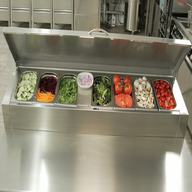 Mesa refrigerada de preparación pizza y ensalada Edenox MPGE2 y MPPE2, cubetas GN 1/3 o 1/4 Mesa refrigerada de preparación pizza y ensalada Edenox MPGE2 y MPPE2, cubetas GN 1/3 o 1/4