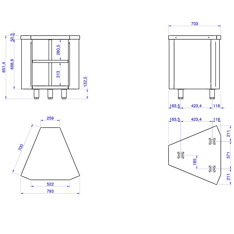 Mueble de ángulo para self-service Edenox, interno o externo de 45° y 90°