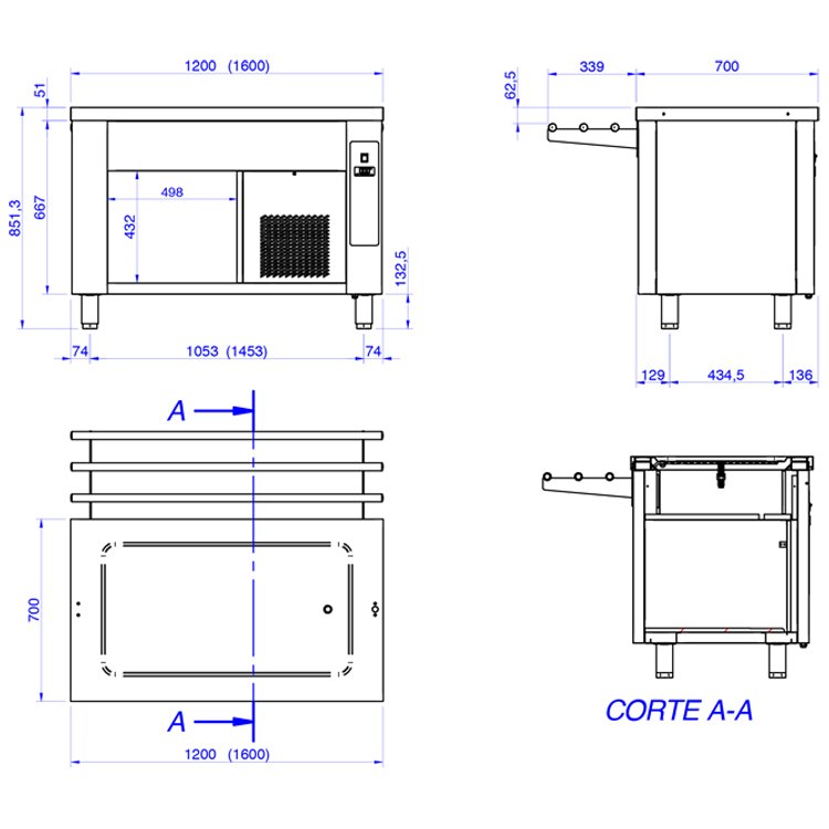 Mueble self-service con placa fría Edenox SSPF, 1200 o 1600 mm, con o sin reserva