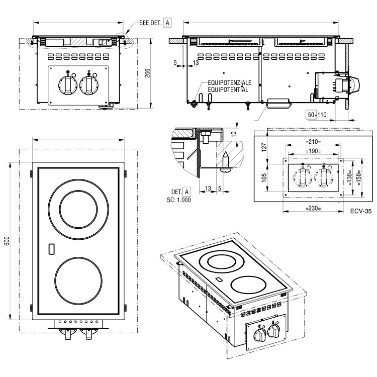Vitrocerámica encastrable Edenox ECV-35 de 2 zonas y 350 mm, 4,3 kW